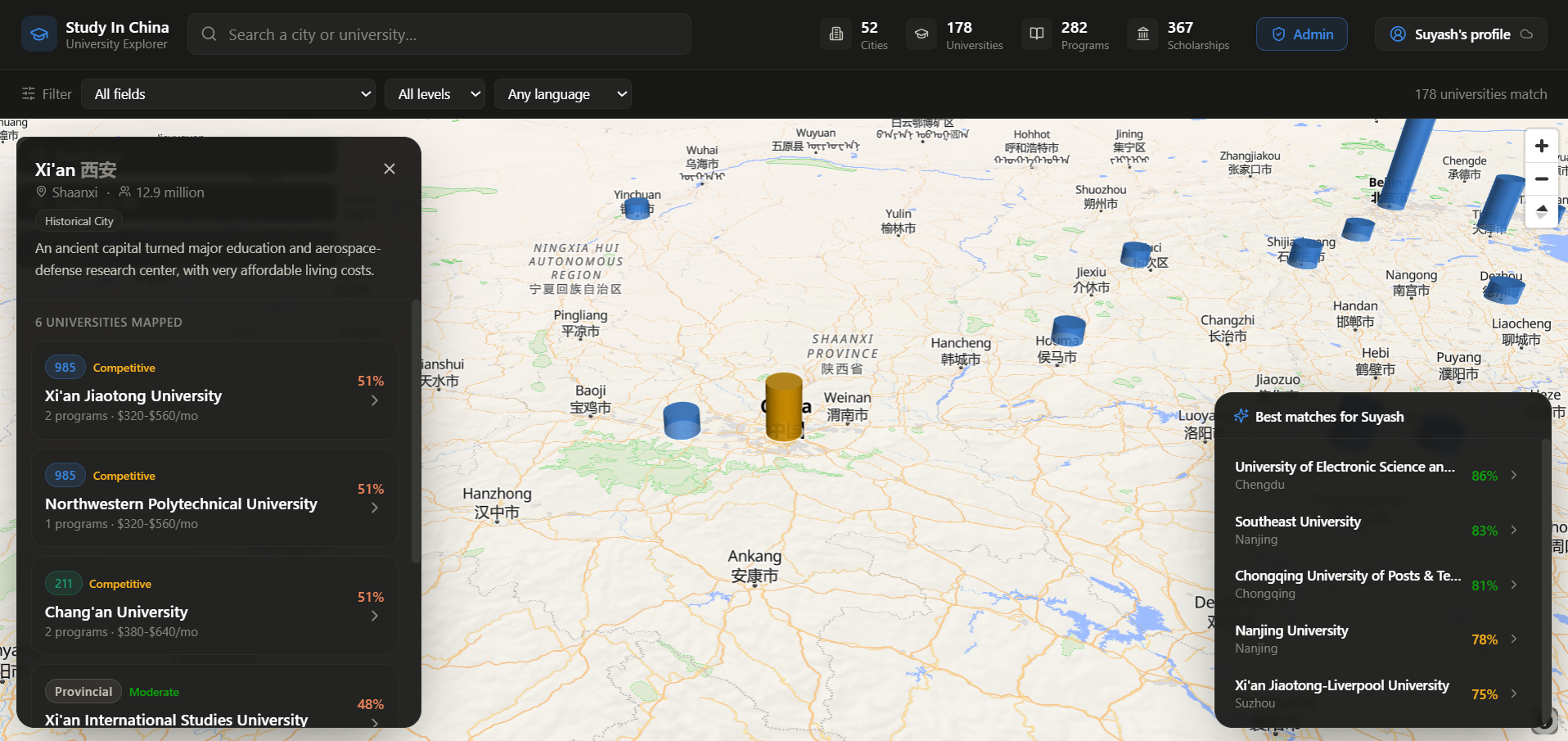 Study In China dashboard — 3D map of China with a city panel and best-match leaderboard
